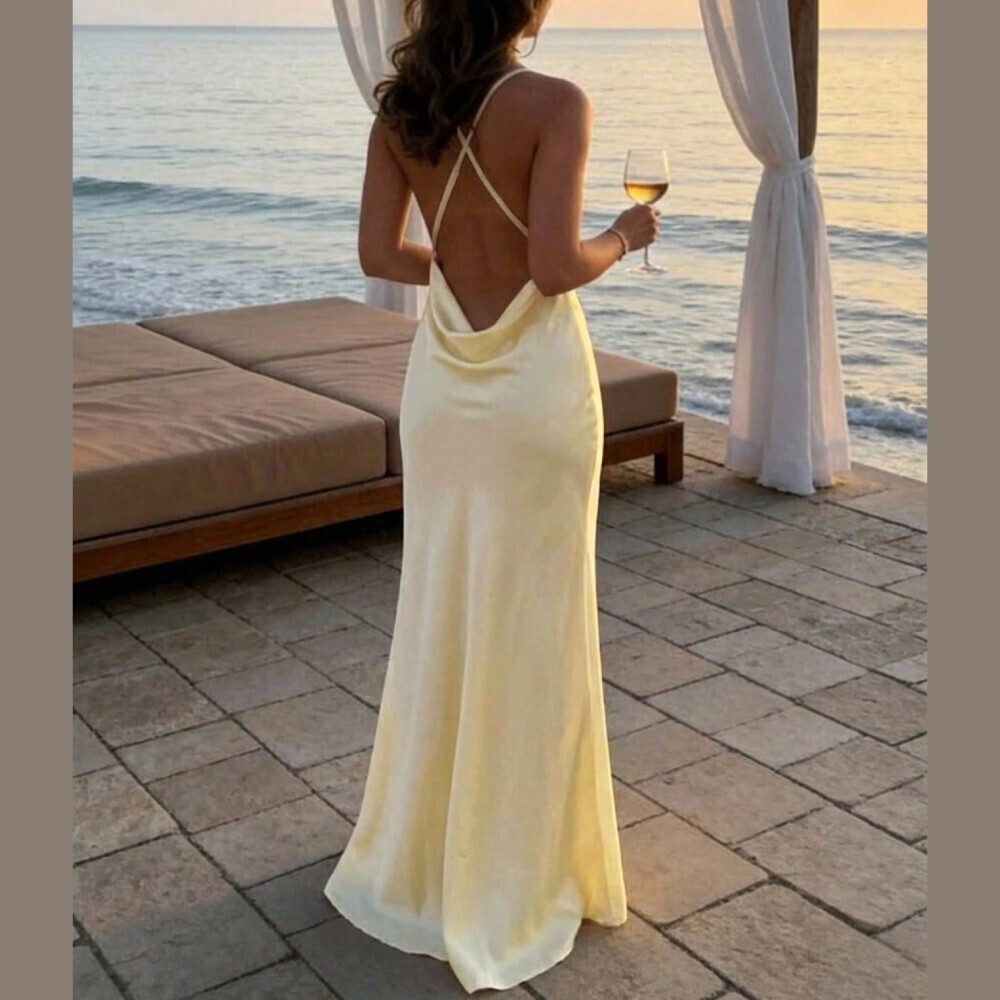 Pale Yellow Satin Cowl Neck Spaghetti Strap Maxi Dress - Picture 2 of 9